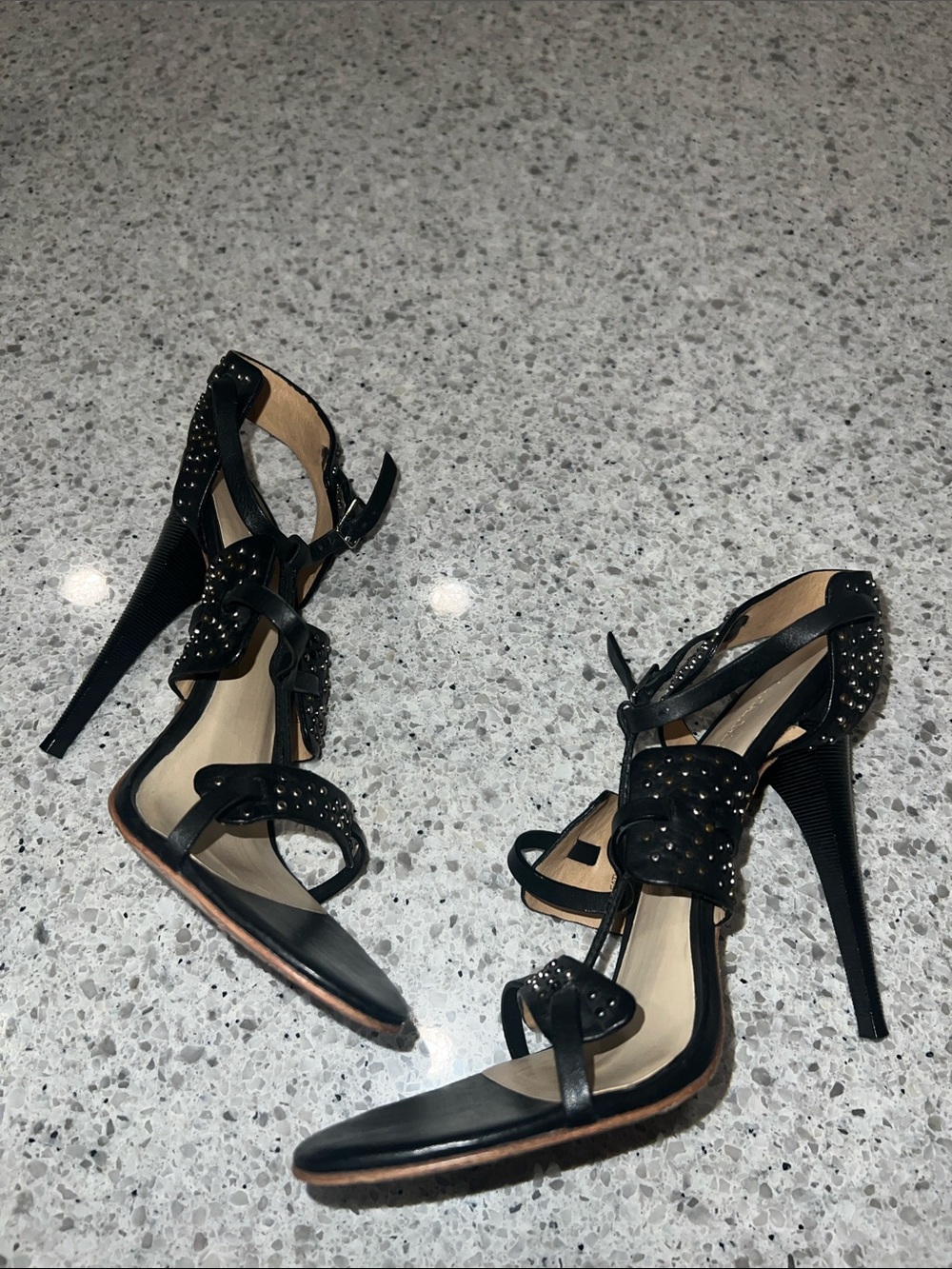 L.A.M.B. - Black Leather Strappy Pumps W/ Studded Trim - Picture 6 of 7